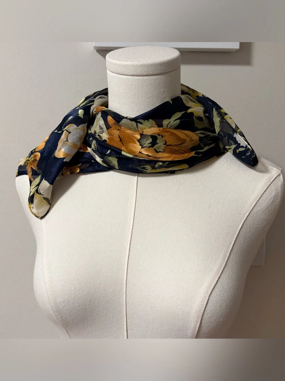 Jacquelyn Smith navy and floral pattern scarf with sheer and solid stripes